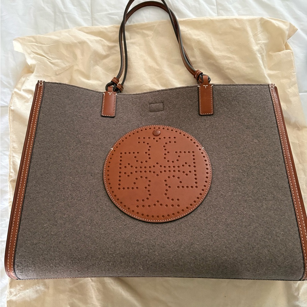 Tory Burch Gray Felt Ella Tote with Brown Leather Trim